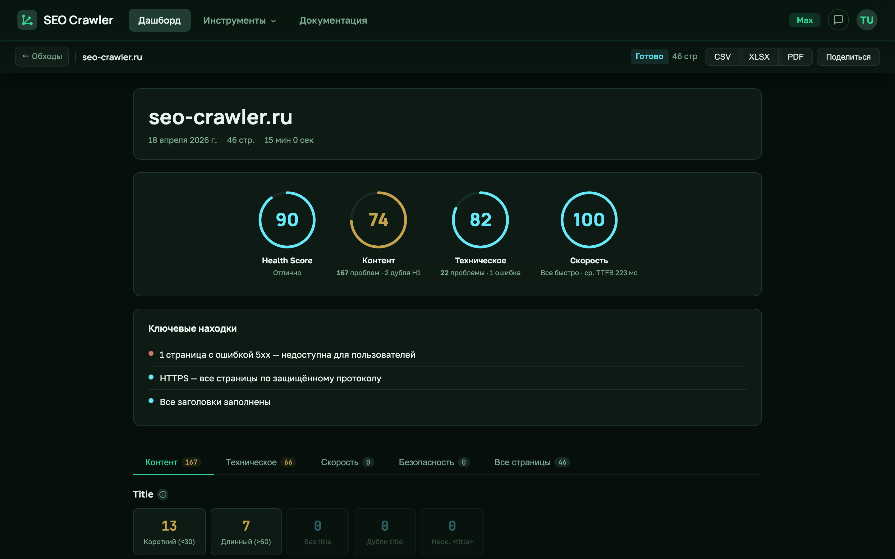 Страница отчёта аудита SEO Crawler с Health Score и кнопками экспорта CSV XLSX PDF