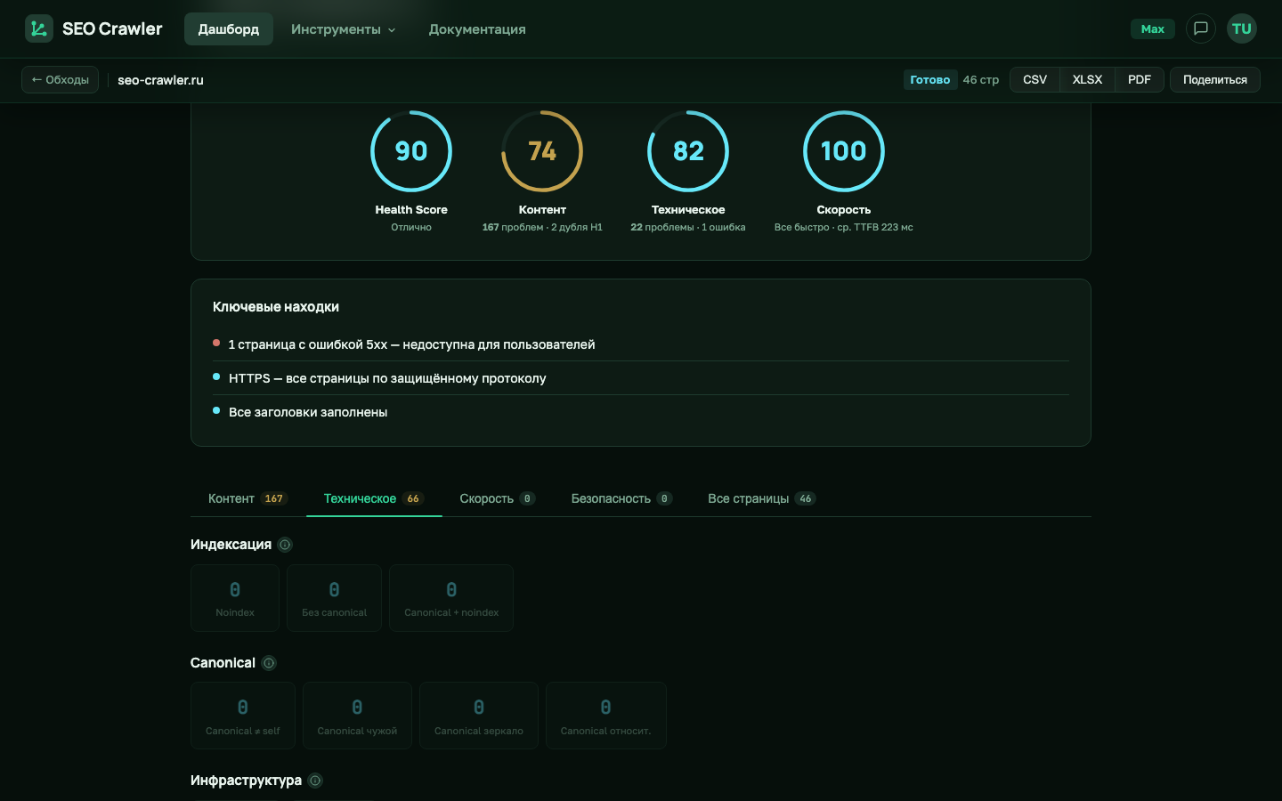 Раздел Инфраструктура вкладки Техническое: карточки Без viewport и Без lang, рядом — раздел Структурированные данные с проверками Schema.org