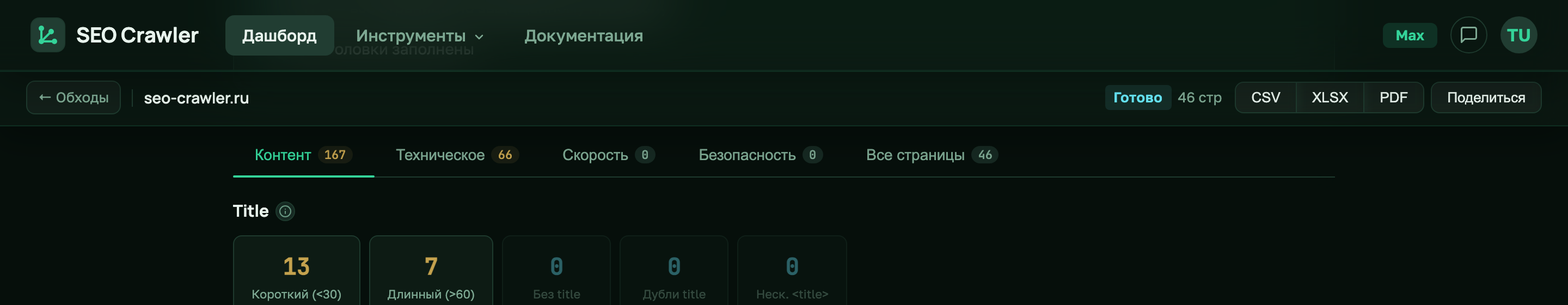 Шапка отчёта аудита SEO Crawler с активной вкладкой Контент